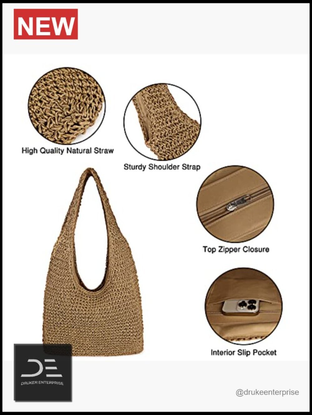 Handwoven Straw Beach Bag Large Tote Shoulder Hobo Purse Summer - Picture 4 of 6